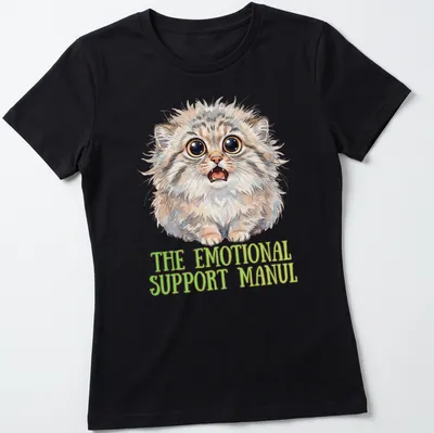 Watercolor illustration of a cute Pallas cat with emotional support text — printed on a women's shirt