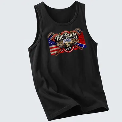 Vintage tractor graphic with text for The Farm USA Honky Tonk Bar — printed on a tank top