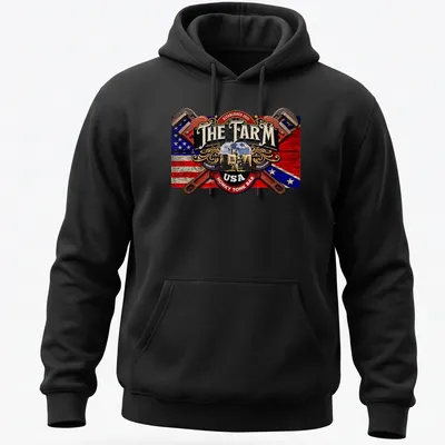Vintage tractor graphic with text for The Farm USA Honky Tonk Bar — printed on a unisex hoodie