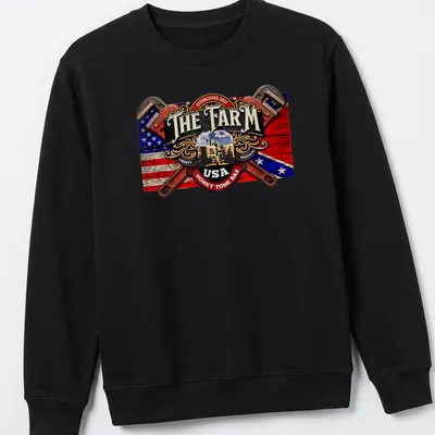 Vintage tractor graphic with text for The Farm USA Honky Tonk Bar — printed on a unisex sweatshirt
