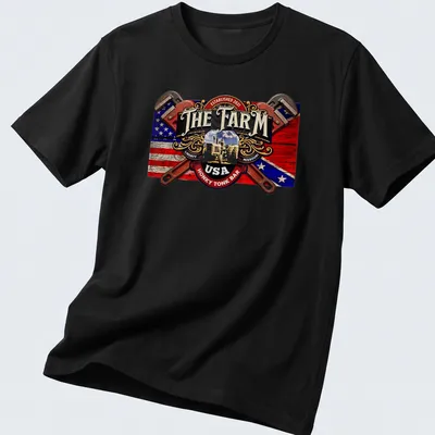 Vintage tractor graphic with text for The Farm USA Honky Tonk Bar — printed on a unisex t-shirt