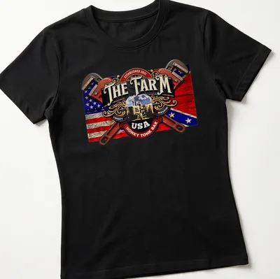Vintage tractor graphic with text for The Farm USA Honky Tonk Bar — printed on a women's shirt