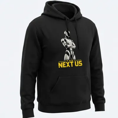 Futuristic humanoid robot graphic with bold text, in black, white, and yellow. — printed on a unisex hoodie