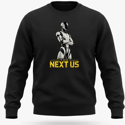 Futuristic humanoid robot graphic with bold text, in black, white, and yellow. — printed on a unisex sweatshirt