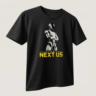Futuristic humanoid robot graphic with bold text, in black, white, and yellow. — printed on a unisex t-shirt (angled view)