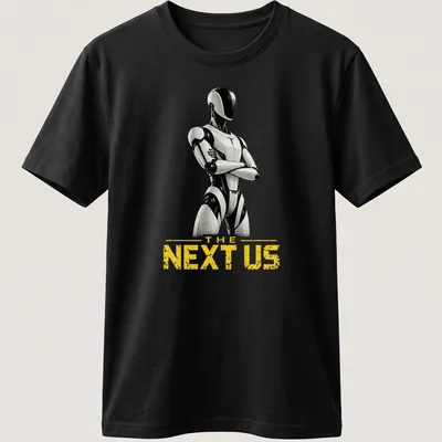 Futuristic humanoid robot graphic with bold text, in black, white, and yellow.