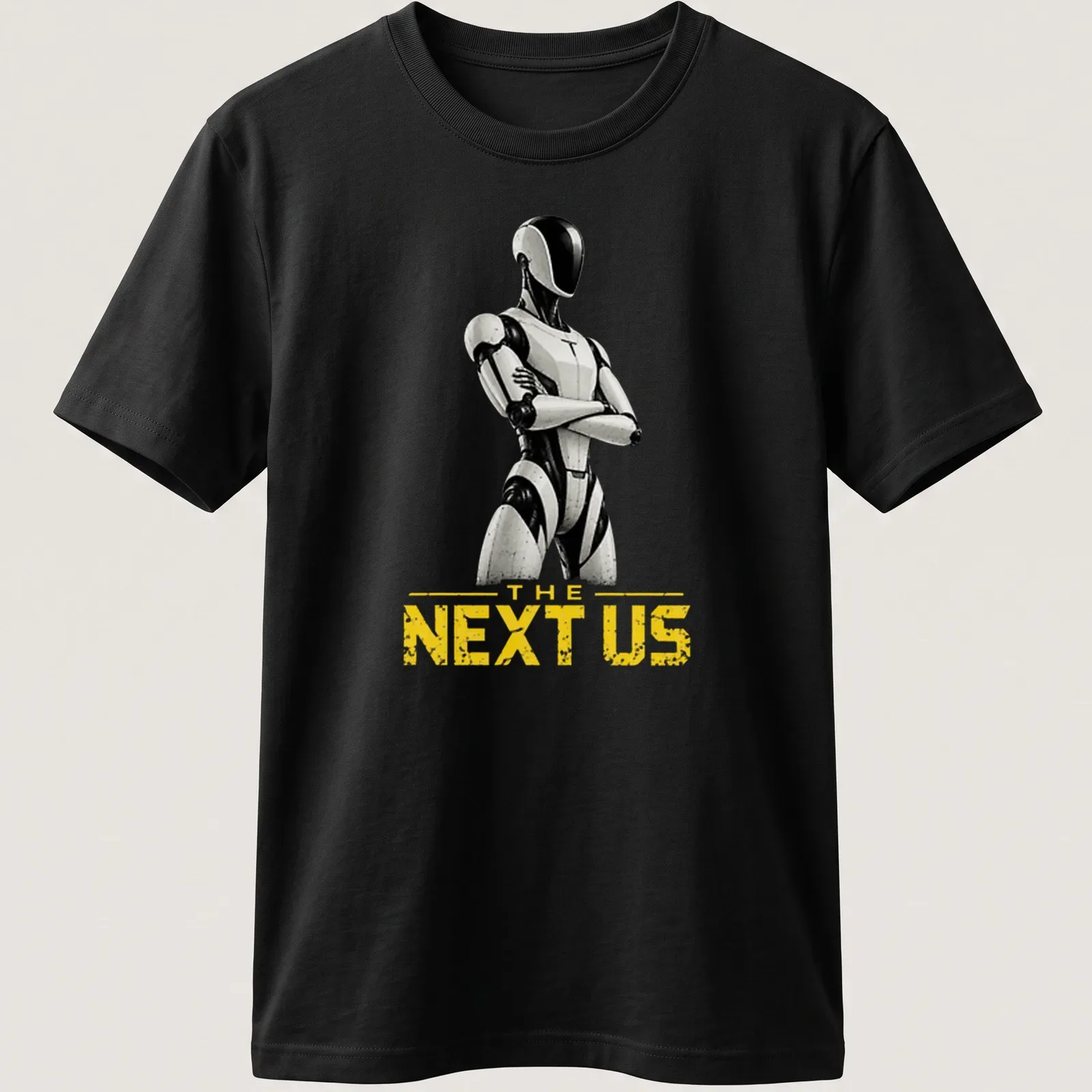 Futuristic humanoid robot graphic with bold text, in black, white, and yellow. — printed on a unisex t-shirt