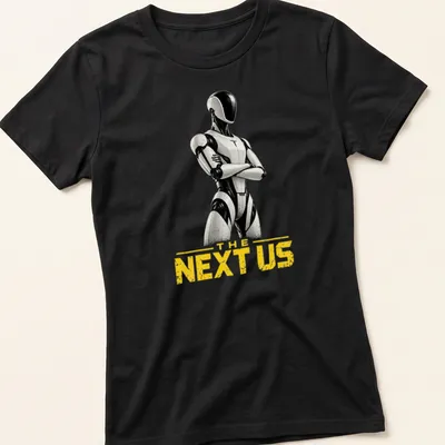 Futuristic humanoid robot graphic with bold text, in black, white, and yellow. — printed on a women's shirt