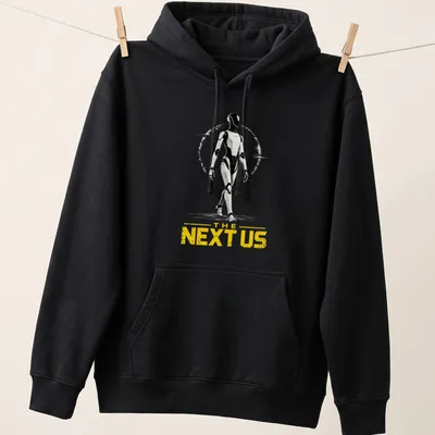 Futuristic humanoid robot silhouette with bold text THE NEXT US — printed on a unisex hoodie