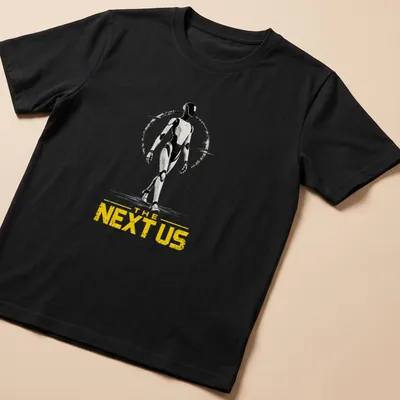 Futuristic humanoid robot silhouette with bold text THE NEXT US