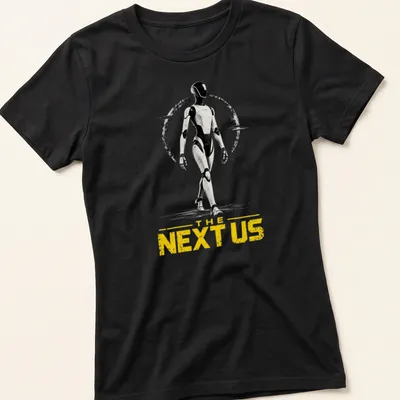 Futuristic humanoid robot silhouette with bold text THE NEXT US — printed on a women's shirt