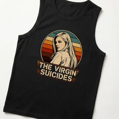 Vintage retro t-shirt featuring a female character and 'The Virgin Suicides' text. — printed on a tank top