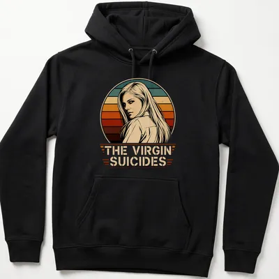 Vintage retro t-shirt featuring a female character and 'The Virgin Suicides' text. — printed on a unisex hoodie