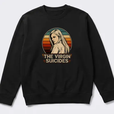 Vintage retro t-shirt featuring a female character and 'The Virgin Suicides' text. — printed on a unisex sweatshirt