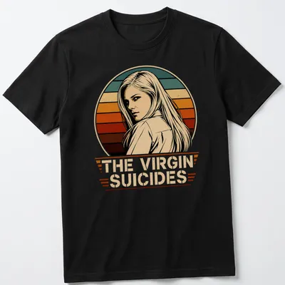 Vintage retro t-shirt featuring a female character and 'The Virgin Suicides' text. — printed on a unisex t-shirt