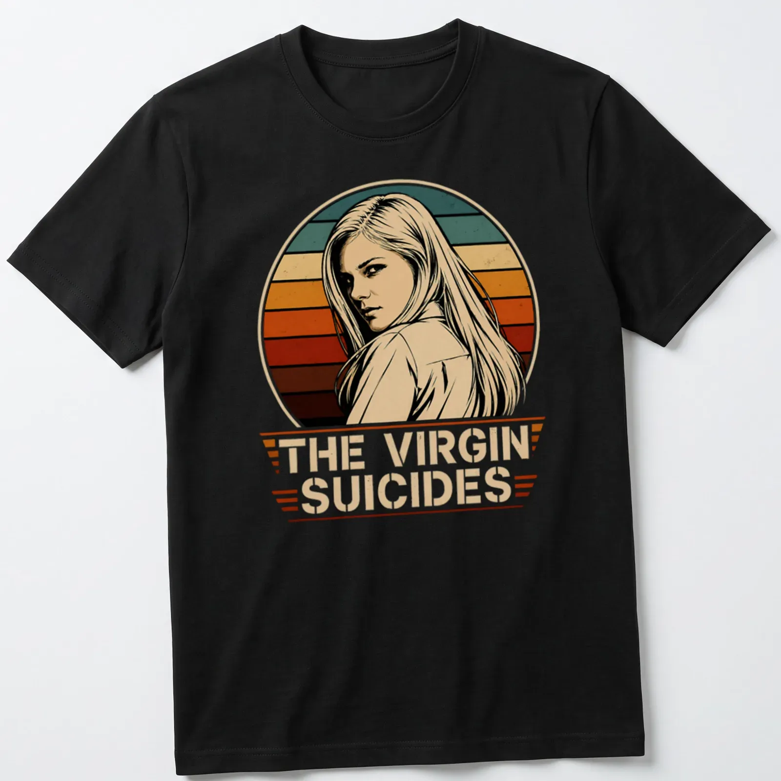 Vintage retro t-shirt featuring a female character and 'The Virgin Suicides' text. — printed on a unisex t-shirt