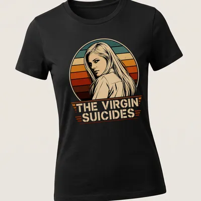 Vintage retro t-shirt featuring a female character and 'The Virgin Suicides' text. — printed on a women's shirt