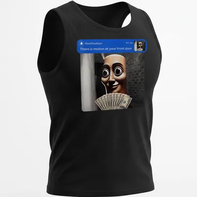 Realistic notification character holding money with text about front door motion. — printed on a tank top