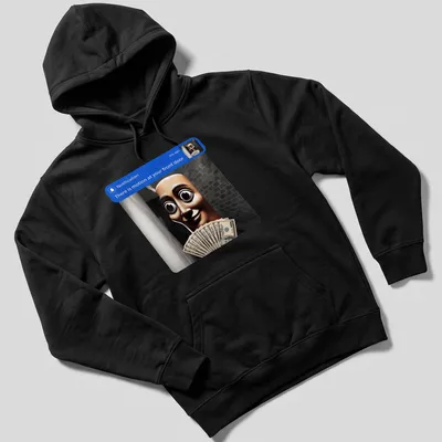 Realistic notification character holding money with text about front door motion. — printed on a unisex hoodie