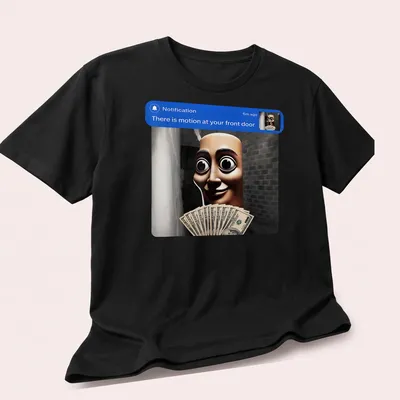Realistic notification character holding money with text about front door motion. — printed on a unisex t-shirt (angled view)