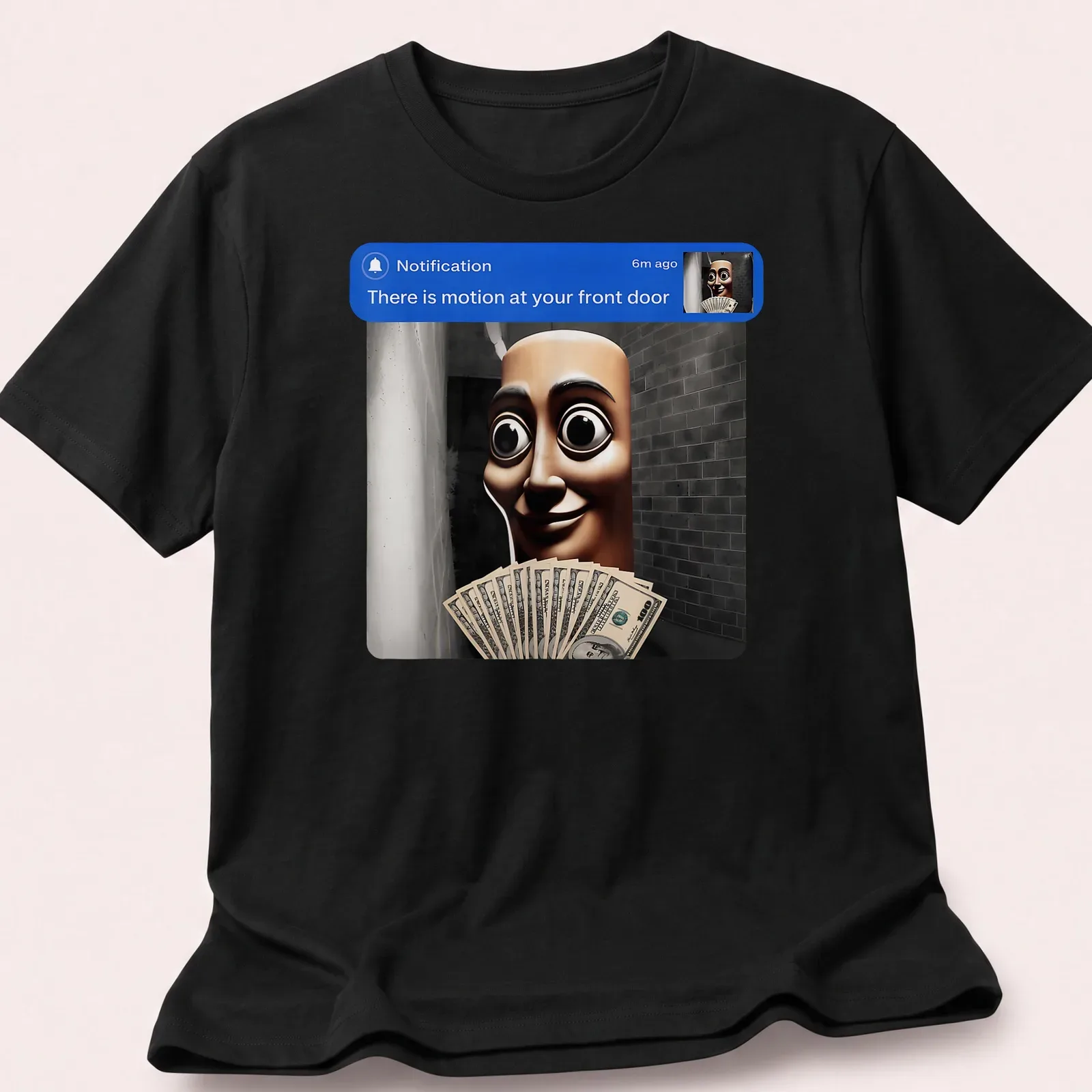 Realistic notification character holding money with text about front door motion. — printed on a unisex t-shirt