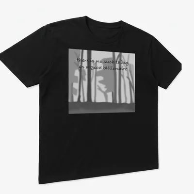 Minimalist shirt with black, gray, and white abstract forest silhouettes and bold text. — printed on a unisex t-shirt (angled view)