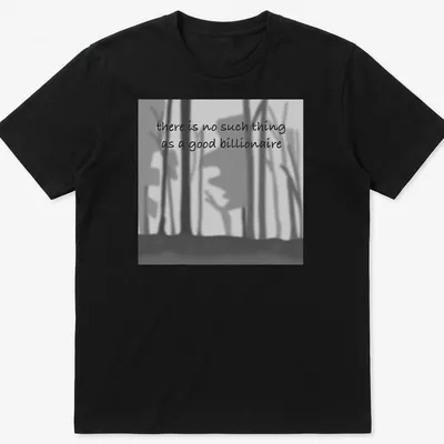 Minimalist shirt with black, gray, and white abstract forest silhouettes and bold text.