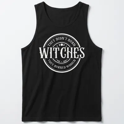 Circular typography shirt with the text about witches and women in white and light beige — printed on a tank top