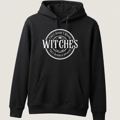 Circular typography shirt with the text about witches and women in white and light beige — printed on a unisex hoodie