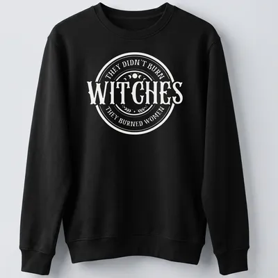 Circular typography shirt with the text about witches and women in white and light beige — printed on a unisex sweatshirt
