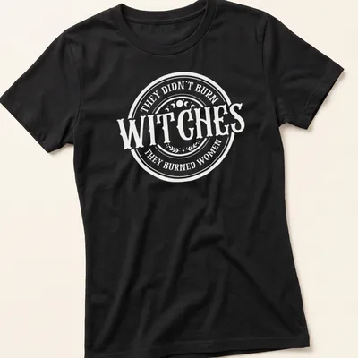 Circular typography shirt with the text about witches and women in white and light beige — printed on a women's shirt