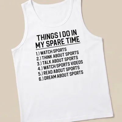 Black and white typography listing sports activities on a — printed on a tank top