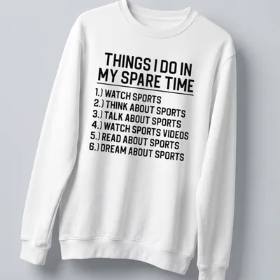 Black and white typography listing sports activities on a — printed on a unisex sweatshirt