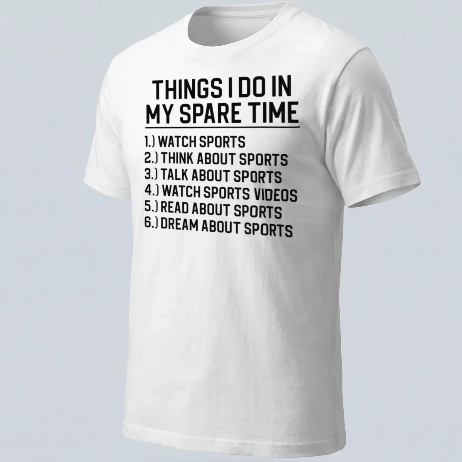 Black and white typography listing sports activities on a — printed on a unisex t-shirt