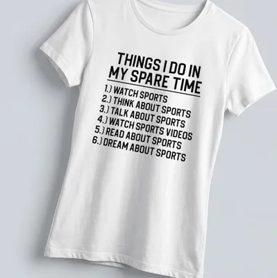 Black and white typography listing sports activities on a — printed on a women's shirt