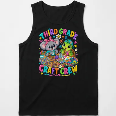 Colorful cartoon of a koala and turtle with text Third Grade Craft Crew — printed on a tank top