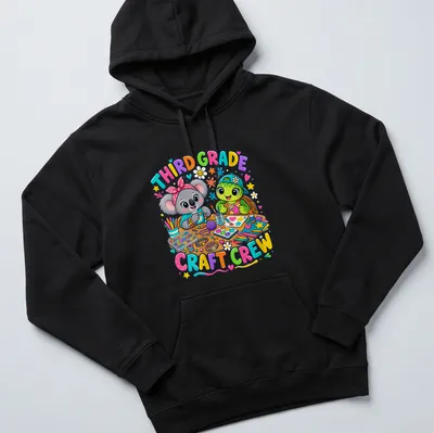 Colorful cartoon of a koala and turtle with text Third Grade Craft Crew — printed on a unisex hoodie