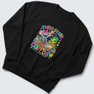 Colorful cartoon of a koala and turtle with text Third Grade Craft Crew — printed on a unisex sweatshirt