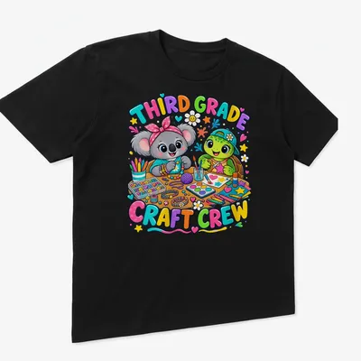 Colorful cartoon of a koala and turtle with text Third Grade Craft Crew — printed on a unisex t-shirt (angled view)