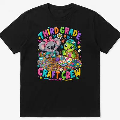 Colorful cartoon of a koala and turtle with text Third Grade Craft Crew