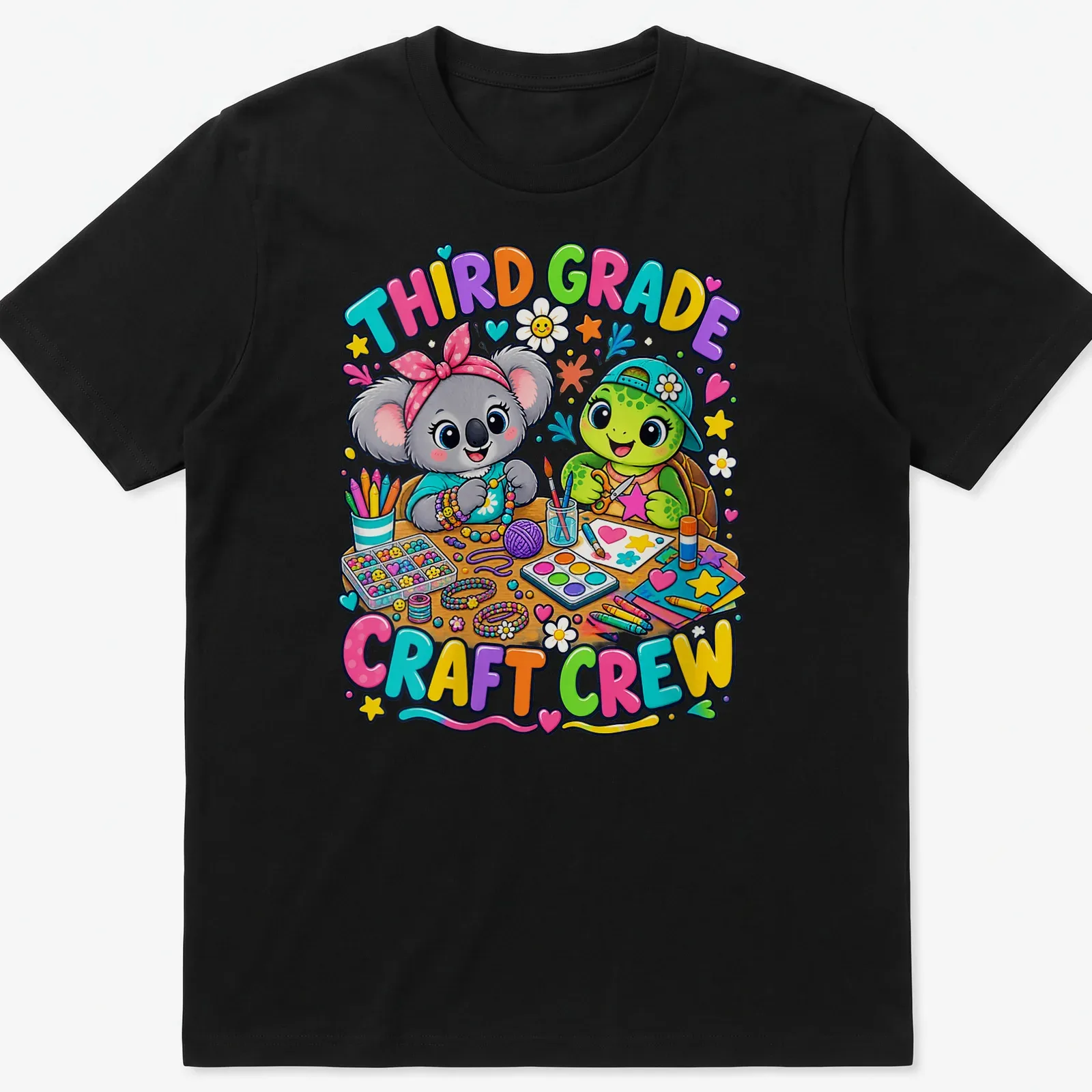 Colorful cartoon of a koala and turtle with text Third Grade Craft Crew — printed on a unisex t-shirt