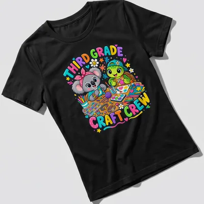 Colorful cartoon of a koala and turtle with text Third Grade Craft Crew — printed on a women's shirt