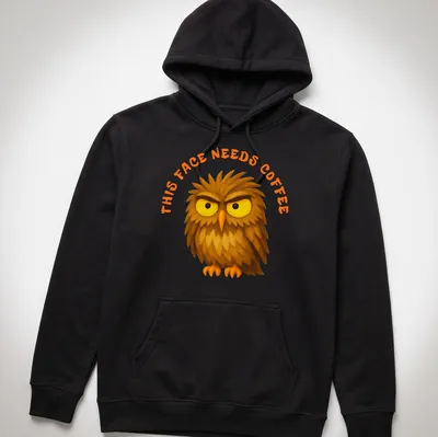 Cartoon grumpy owl with text 'This Face Needs Coffee' in brown, yellow, and orange — printed on a unisex hoodie