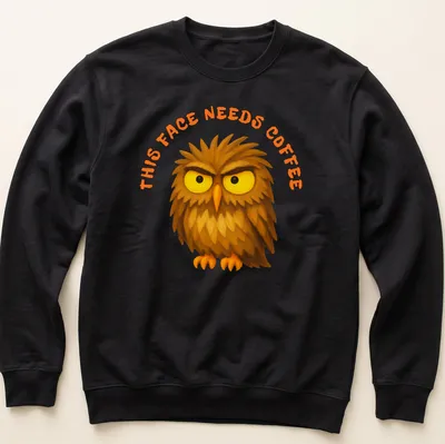 Cartoon grumpy owl with text 'This Face Needs Coffee' in brown, yellow, and orange — printed on a unisex sweatshirt