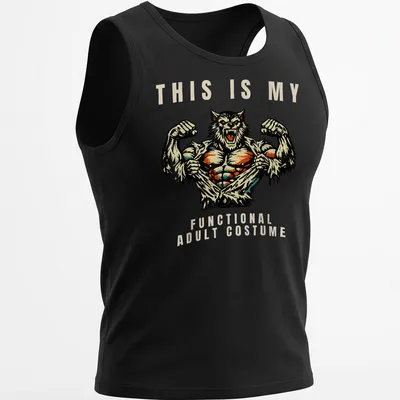 Werewolf graphic t-shirt with vintage comic style design and humorous text — printed on a tank top