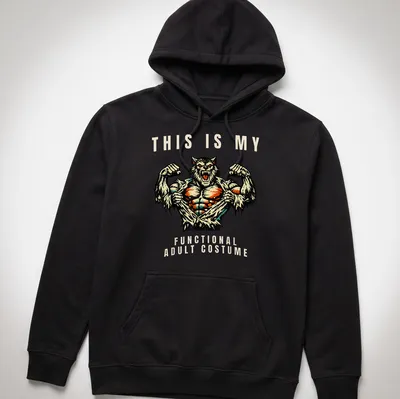 Werewolf graphic t-shirt with vintage comic style design and humorous text — printed on a unisex hoodie