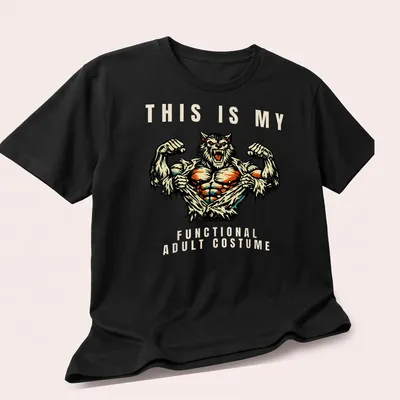 Werewolf graphic t-shirt with vintage comic style design and humorous text — printed on a unisex t-shirt (angled view)