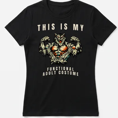 Werewolf graphic t-shirt with vintage comic style design and humorous text — printed on a women's shirt