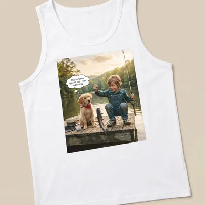 Photographic t-shirt featuring a golden retriever puppy and child fishing together — printed on a tank top