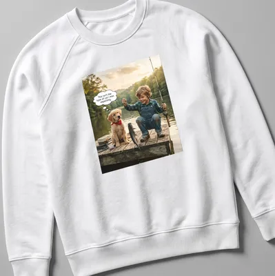 Photographic t-shirt featuring a golden retriever puppy and child fishing together — printed on a unisex sweatshirt